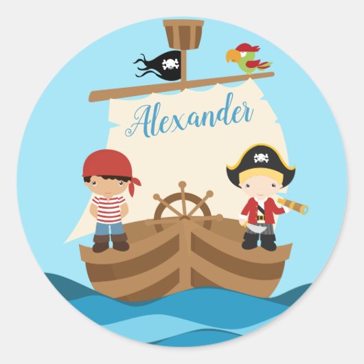 Cute Pirate Boys & Big Ship Custom Name Ronde Sticker (Voorkant)