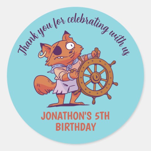 Cute Pirate Fox Animal Kids Birthday Party Ronde Sticker (Voorkant)