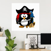 Cute Pirate Penguin met Treasure Chest Poster (Thuiskantoor)