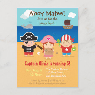 Cute Pirate Thmed Kids Birthday Party Invitations Kaart