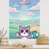 Cute Pixel Art Cat with UFO in Pastel Sky Kawaii Poster (Keuken)
