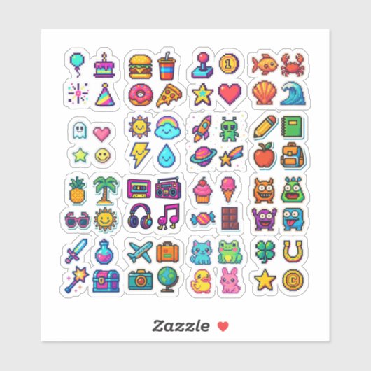 Cute Pixel Art Sticker Pack – Retro 8-Bit Kawaii I (Feuille)