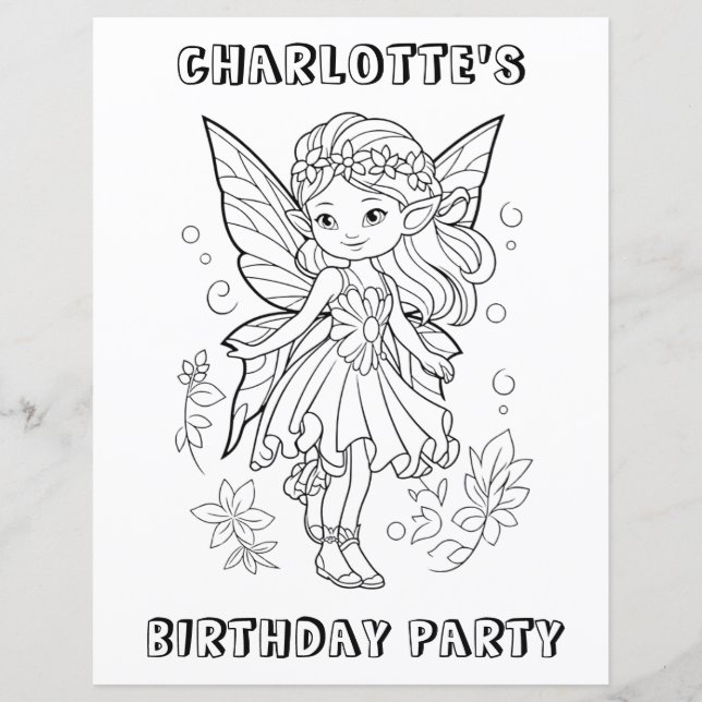 Cute pixie fairy birthday party coloring activity  (Voorkant)