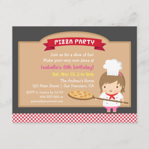 Cute Pizza Chef Girl Birthday Party Kaart