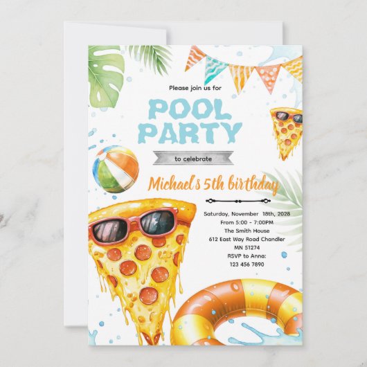 Cute pizza pool party theme invitation (Devant)