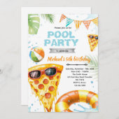 Cute pizza pool party theme invitation (Devant / Derrière)