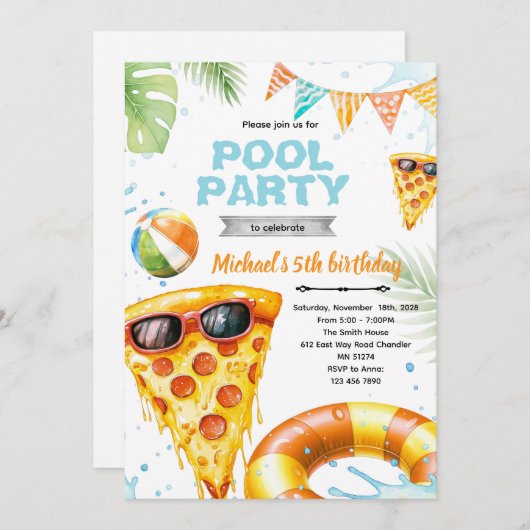 Cute pizza pool party theme invitation (Devant / Derrière)