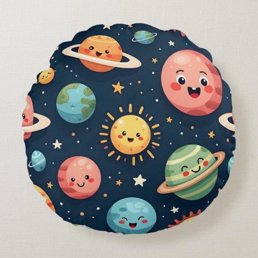 Cute Planets Kawaii Space Round Pillow Rond Kussen (Voorkant)