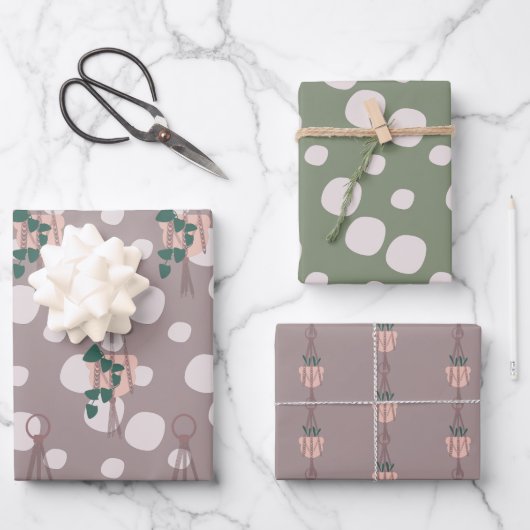 Cute Plant Macrame Scattered Dot Greenery Pattern Inpakpapier Vel (Voorkant)