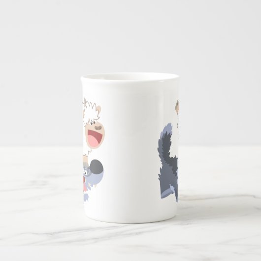 Cute Playful Cartoon Sheep and Wolf Bone China Mok (Voorkant)