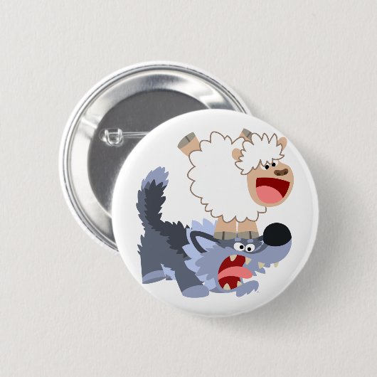 Cute Playful Cartoon Sheep and Wolf Button Badge (Voorkant /achterkant)