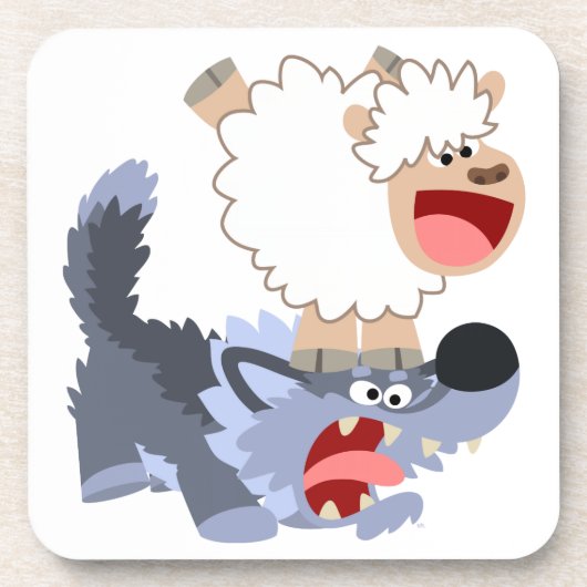 Cute Playful Cartoon Sheep and Wolf Onderzetters S (Voorkant)