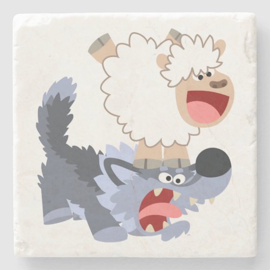 Cute Playful Cartoon Sheep and Wolf Stone Onderzet Stenen Onderzetter (Voorkant)