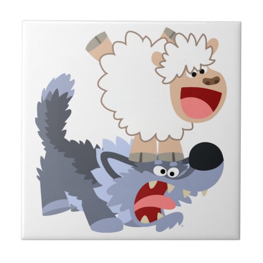 Cute Playful Cartoon Sheep and Wolf Tile Tegeltje (Voorkant)