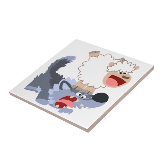 Cute Playful Cartoon Sheep and Wolf Tile Tegeltje (Zijkant)