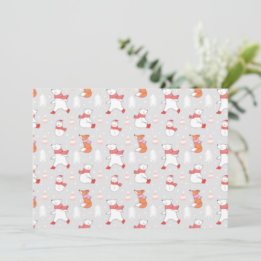 Cute Polar Bear Fox Snowman Pattern Feestdagenkaart (Staand voorkant)