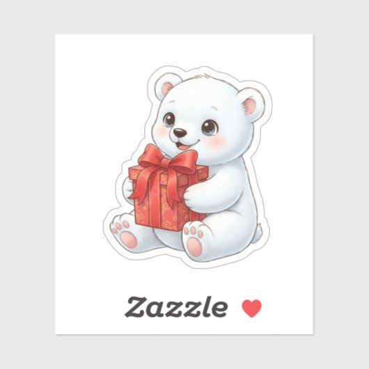 Cute Polar Bear Holding Christmas Present  Sticker (Vel)