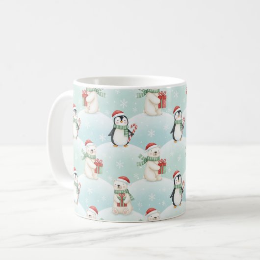 Cute Polar Bears & Penguins Christmas Pattern Mug Koffiemok (Voorkant links)