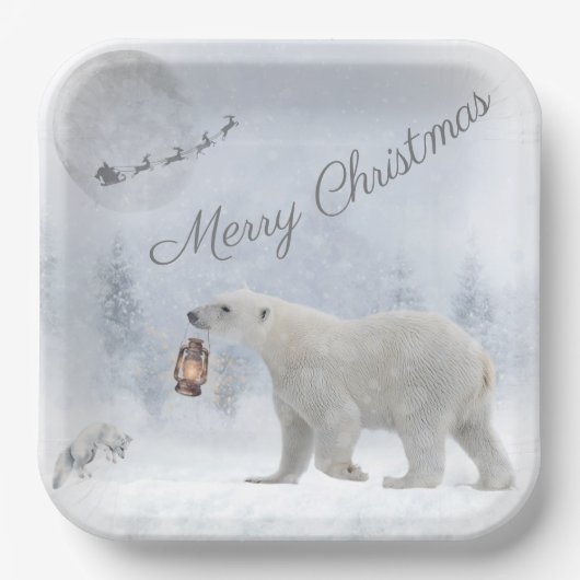 Cute Polar Beer Arctic Fox Santa Winter Kerstmis Papieren Bordje (Voorkant)