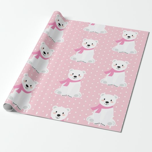 Cute Polar Beer Baby Girl Roze Cadeaupapier (Uitgerold)