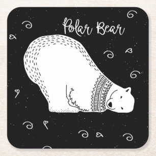 Cute Polar Beer Design in Black and White Vierkante Kartonnen Onderzetter