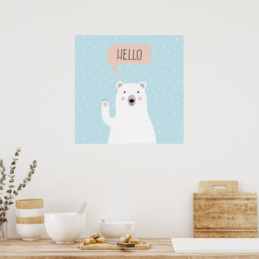 Cute Polar Beer in de sneeuw zegt Hallo Poster (Keuken)