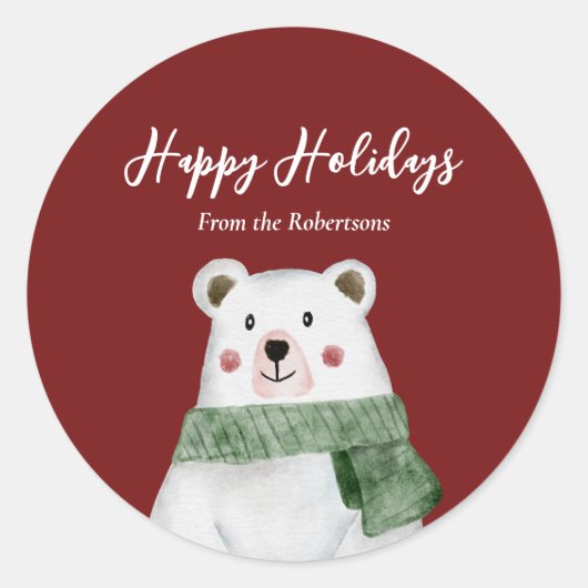 Cute Polar Beer met Green Scarf Prettige feestdage Ronde Sticker (Voorkant)