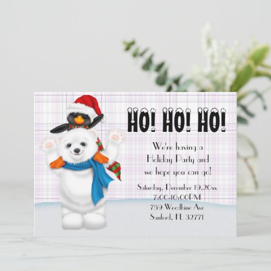 Cute Polar Beer & Penguin Kerstparty Kaart (Staand voorkant)