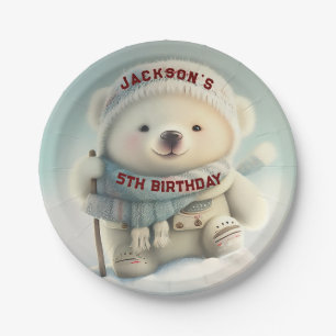 Cute Polar Beer Skiing Snowflake Winter Wonderland Papieren Bordje