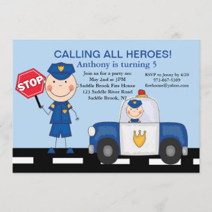 Cute Policeman Heroes Birthday Uitnodiging