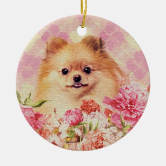 Cute Pomeranian German Spitz met Flowers Keramisch Ornament (Voorkant)