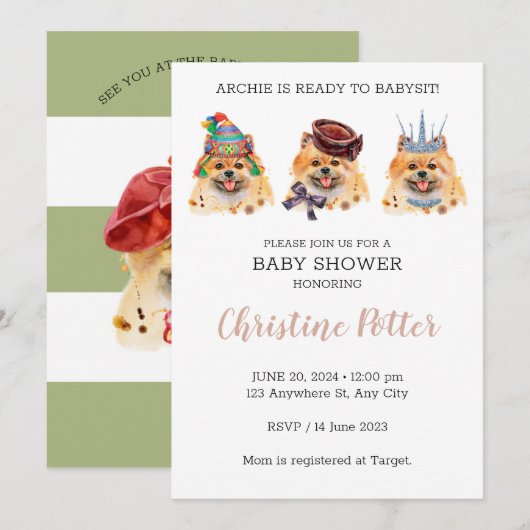 Cute Pomeranian thème Baby shower Invitation (Devant / Derrière)
