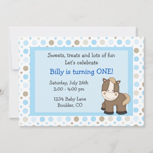 Cute Pony 1er Anniversaire Invitation pour garçons (Devant)