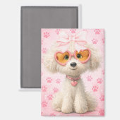 Cute Poodle with Pink Paw Prints and Bow Magnet (Recto/Verso)