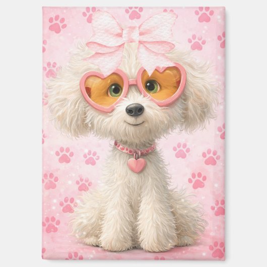 Cute Poodle with Pink Paw Prints and Bow Magnet Magneet (Voorkant)