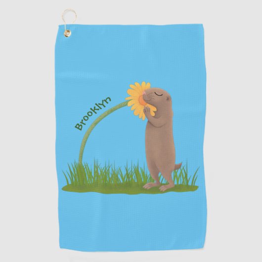 Cute prairie dog sniffing flower cartoon golfhanddoek (Voorkant)