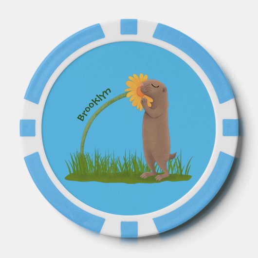 Cute prairie dog sniffing flower cartoon poker chips (Voorkant)