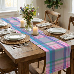 Cute Preppy Retro Pset Patroon in Roze en Blauw Korte Tafelloper