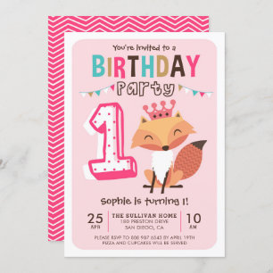 Cute Princess Baby Fox Pink First Birthday Kaart