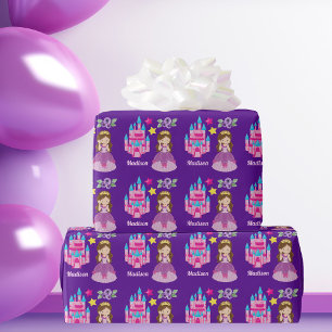 Cute Princess Castle Custom Paars Birthday Girl Cadeaupapier