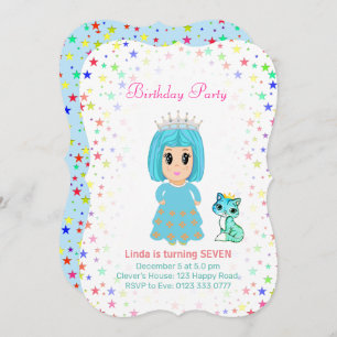Cute Princess met Kitty Cat 7th Birthday Kaart
