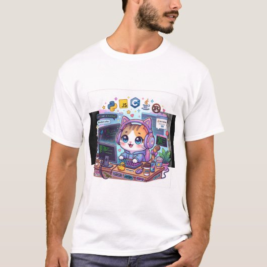 Cute Programmer Kat T-Shirt | Kawaii Coderende Kat (Voorkant)