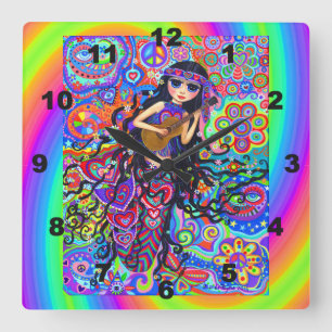 Cute Psychedelic Hippie Mermaid Girl Chick Guitar Vierkante Klok