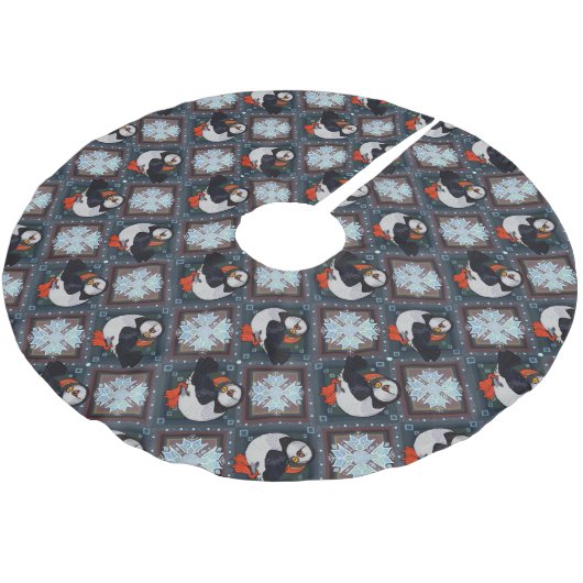 Cute Puffin Birds Winter Pattern Kerstboom Rok (Gekanteld)