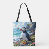 Cute Puffin on the Seashore themed Personalized Draagtas (Achterkant)