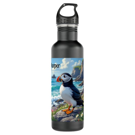 Cute Puffin on the Seashore themed Personalized Waterfles (Voorkant)