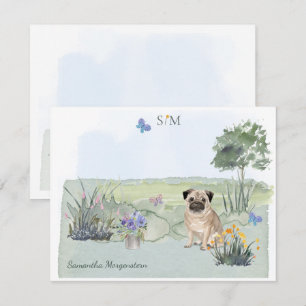 Cute Pug Butterfly Meadow Monogram & Naam     Notitiekaartje