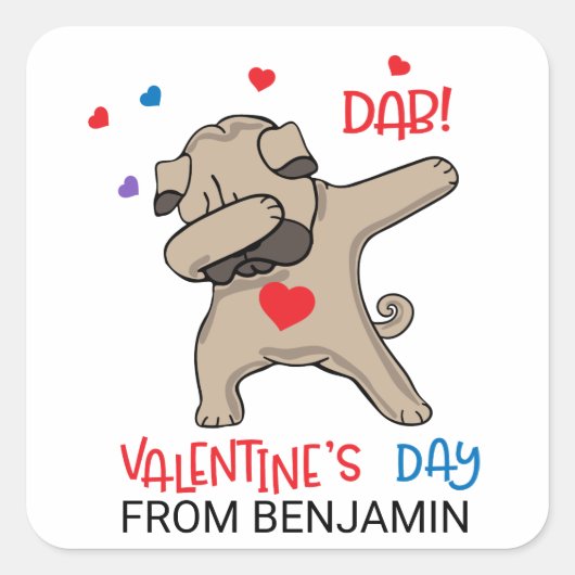 Cute Pug Dog Dab Valentijnsdag Vierkante Sticker (Voorkant)