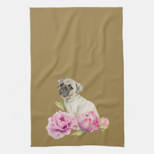 Cute Pug Dog en Peony Flowers Illustration Theedoek
