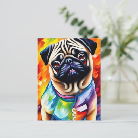 Cute Pug Dog in een kleurrijke jas Briefkaart (Staand voorkant)